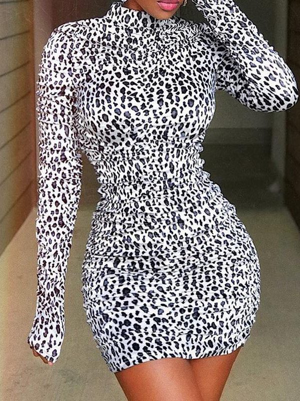 Leopard Print Scrunched Mini Dress - Takalr