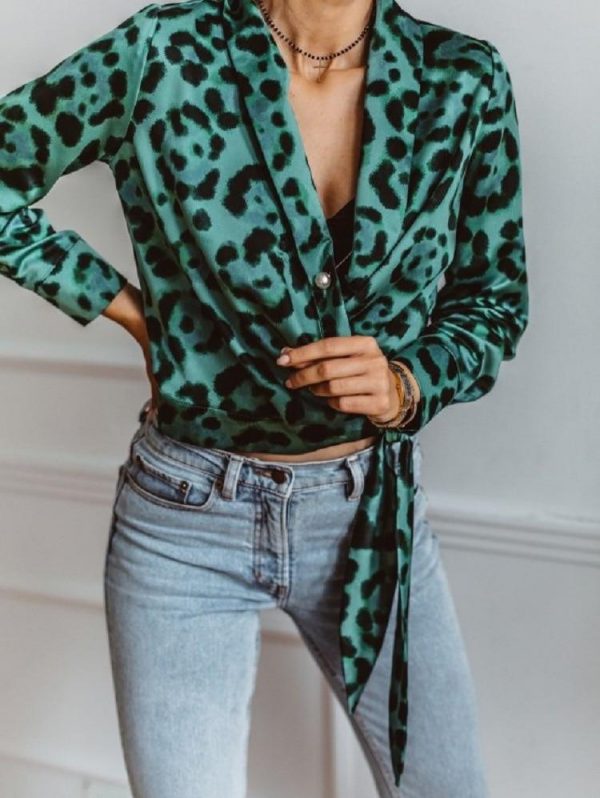 Leopard Print V Neck Wrap Blouse Shirt Women Long Sleeve Shirt Elegant Womens Tops and Blouses Summer Camisas Mujer - Takalr