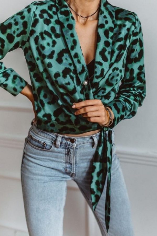 Leopard Print V Neck Wrap Blouse Shirt Women Long Sleeve Shirt Elegant Womens Tops and Blouses Summer Camisas Mujer - Takalr