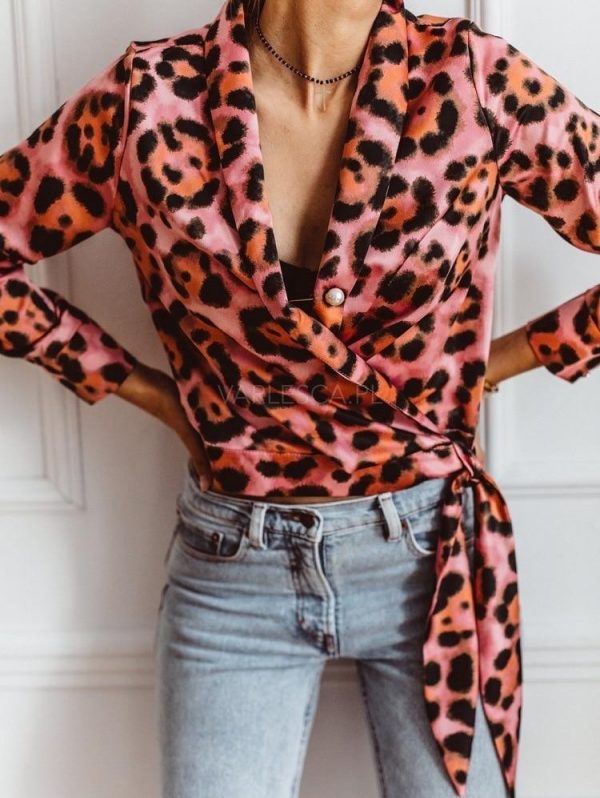 Leopard Print V Neck Wrap Blouse Shirt Women Long Sleeve Shirt Elegant Womens Tops and Blouses Summer Camisas Mujer - Takalr