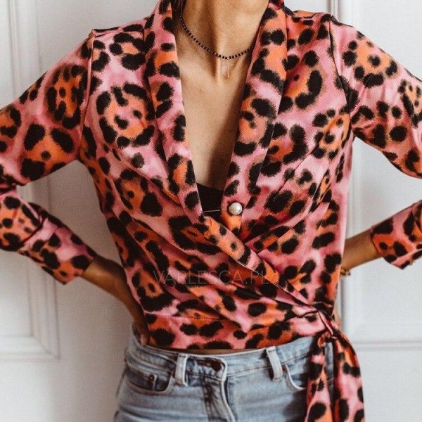 Leopard Print V Neck Wrap Blouse Shirt Women Long Sleeve Shirt Elegant Womens Tops and Blouses Summer Camisas Mujer - Takalr