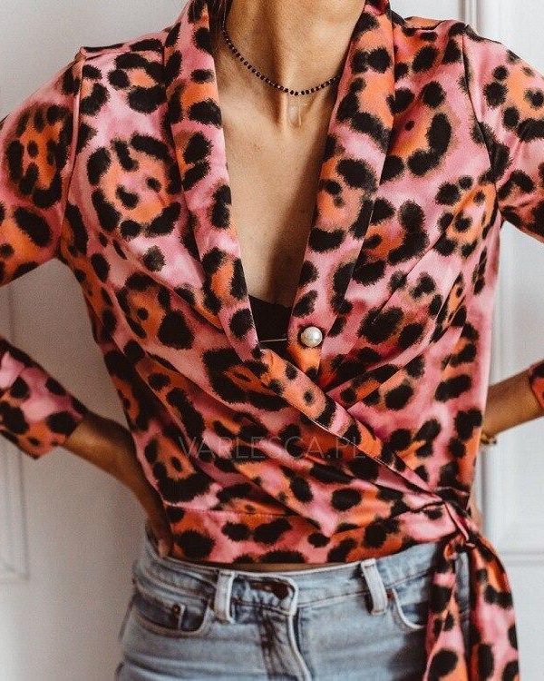 Leopard Print V Neck Wrap Blouse Shirt Women Long Sleeve Shirt Elegant Womens Tops and Blouses Summer Camisas Mujer - Takalr