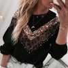 Leopard Sequins Colorblock Insert Casual sweatshirt women casual loose neck oversized hoodies Autumn pullover streetwear - Takalr