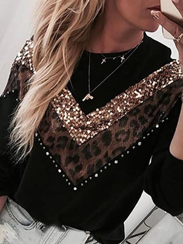 Leopard Sequins Colorblock Insert Casual sweatshirt women casual loose neck oversized hoodies Autumn pullover streetwear - Takalr