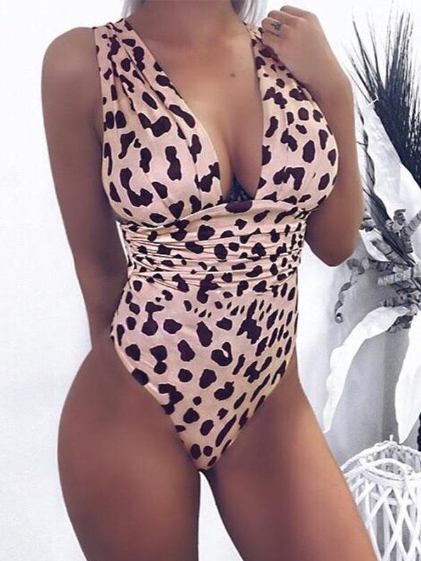 Leopard print bodysuits for women Fashion summer beach bodysuit  v neck overalls Femme Plunging playsuits - Takalr