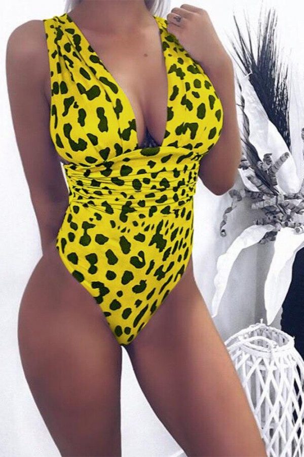 Leopard print bodysuits for women Fashion summer beach bodysuit  v neck overalls Femme Plunging playsuits - Takalr