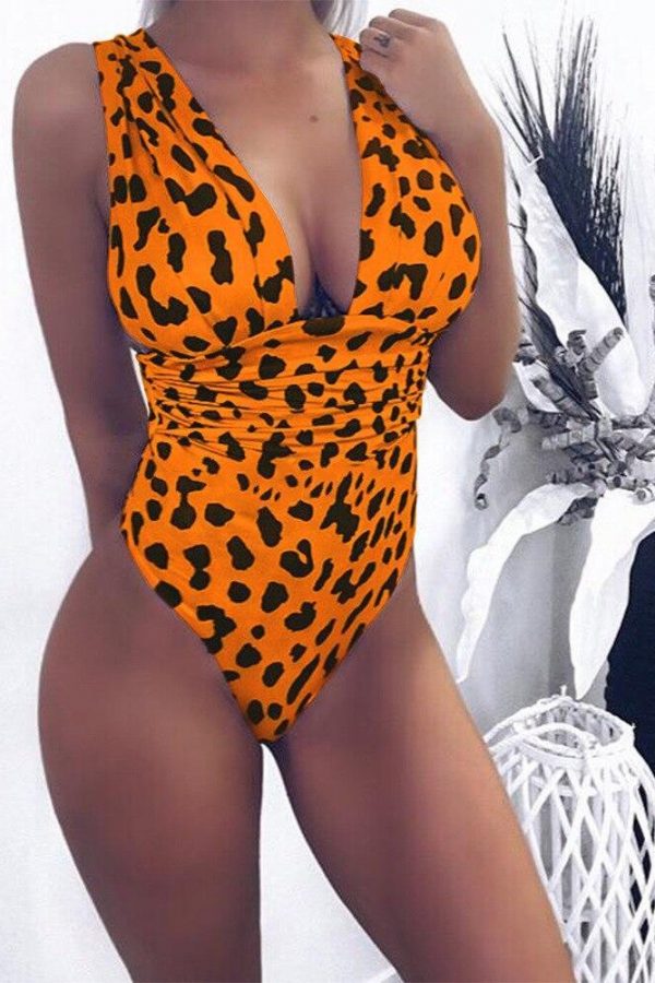 Leopard print bodysuits for women Fashion summer beach bodysuit  v neck overalls Femme Plunging playsuits - Takalr