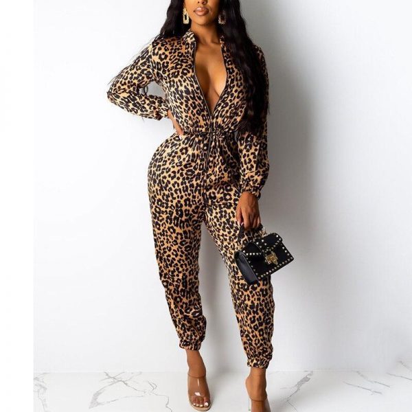 Leopard print long jumpsuit for women Long sleeve wrap rompers womens jumpsuit Casual turn down collar autumn jumpsuits - Takalr