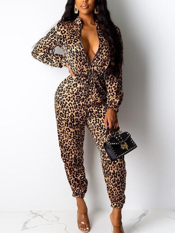 Leopard print long jumpsuit for women Long sleeve wrap rompers womens jumpsuit Casual turn down collar autumn jumpsuits - Takalr