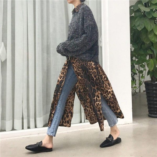 Leopard print shirt dress women long sleeve causal loose split dress Fashion summer streetwear Button up korean dresses vestidso - Takalr