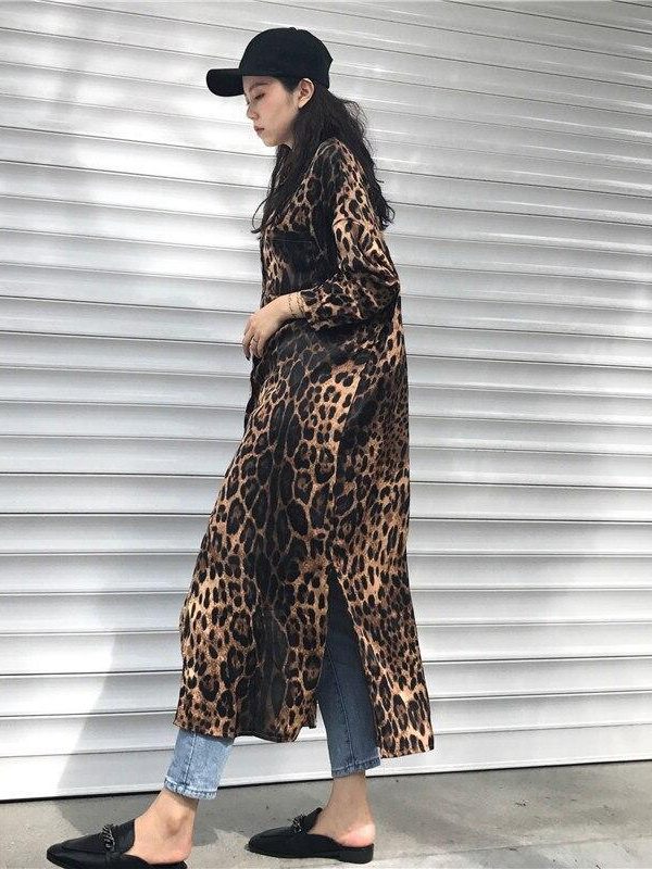 Leopard print shirt dress women long sleeve causal loose split dress Fashion summer streetwear Button up korean dresses vestidso - Takalr