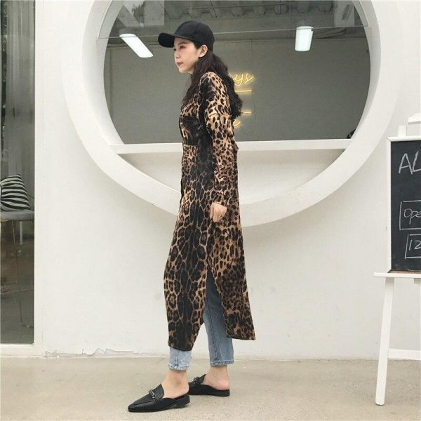 Leopard print shirt dress women long sleeve causal loose split dress Fashion summer streetwear Button up korean dresses vestidso - Takalr