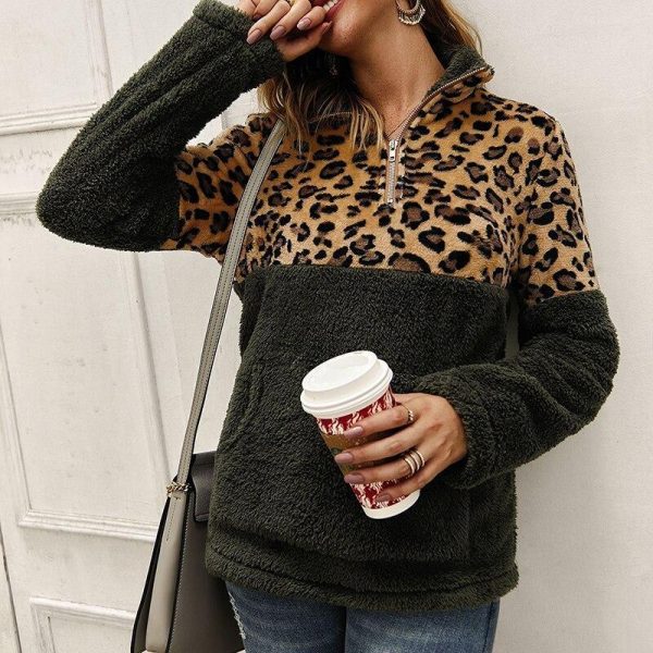 Leopard print zip women sweatsirts Autumn New fashion leopard patchwork plush hoodies Winter warm pullover stand collar top - Takalr