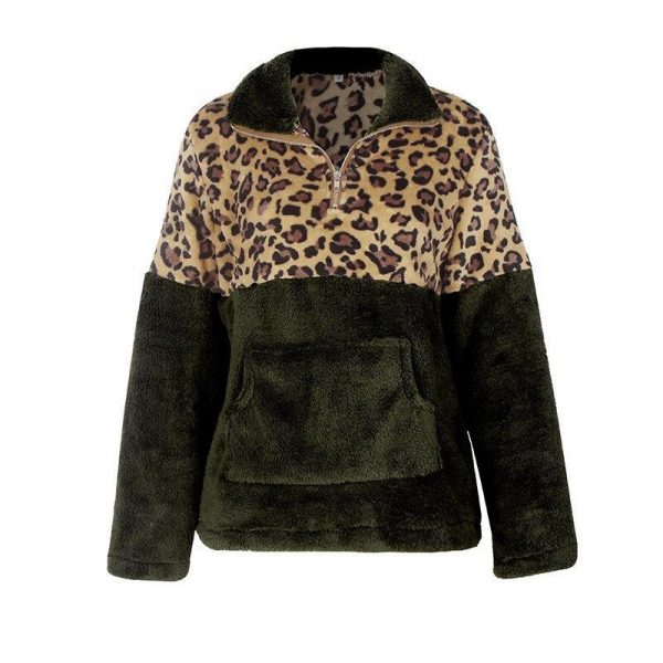 Leopard print zip women sweatsirts Autumn New fashion leopard patchwork plush hoodies Winter warm pullover stand collar top - Takalr