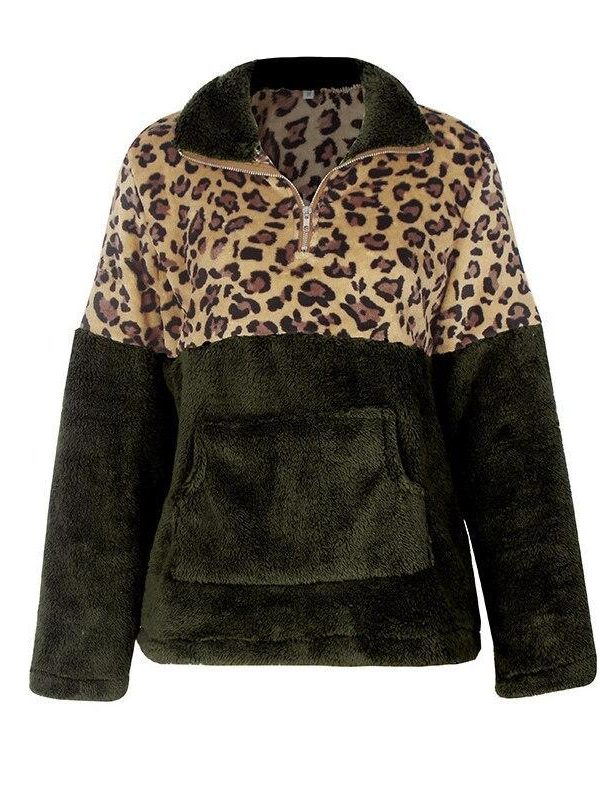 Leopard print zip women sweatsirts Autumn New fashion leopard patchwork plush hoodies Winter warm pullover stand collar top - Takalr