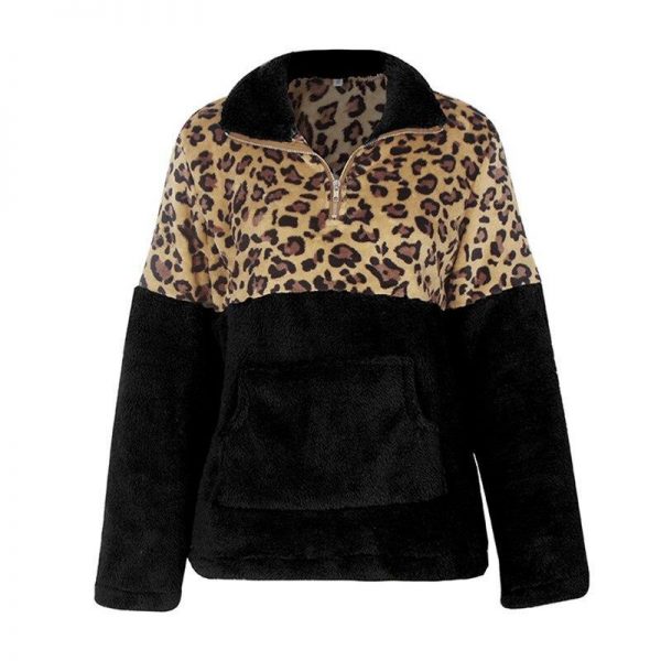 Leopard print zip women sweatsirts Autumn New fashion leopard patchwork plush hoodies Winter warm pullover stand collar top - Takalr