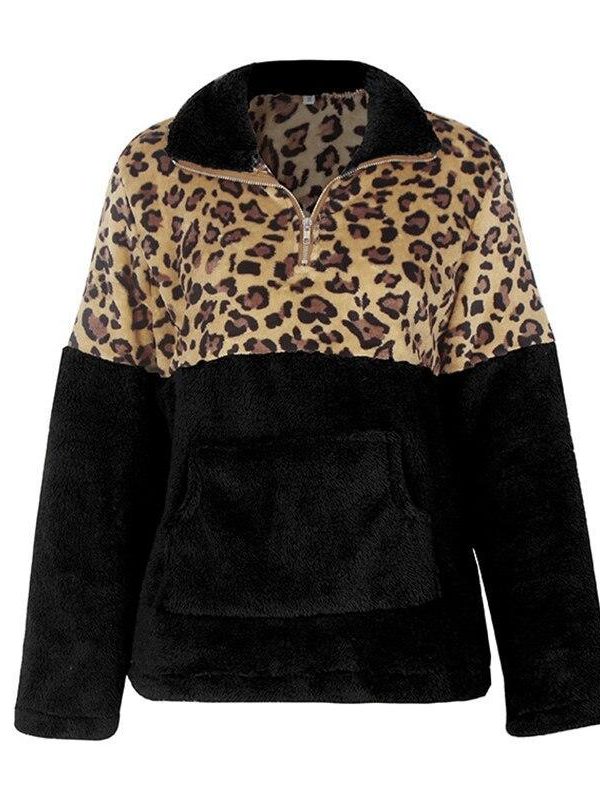 Leopard print zip women sweatsirts Autumn New fashion leopard patchwork plush hoodies Winter warm pullover stand collar top - Takalr