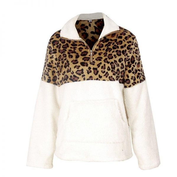 Leopard print zip women sweatsirts Autumn New fashion leopard patchwork plush hoodies Winter warm pullover stand collar top - Takalr