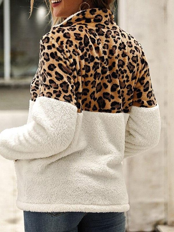 Leopard print zip women sweatsirts Autumn New fashion leopard patchwork plush hoodies Winter warm pullover stand collar top - Takalr