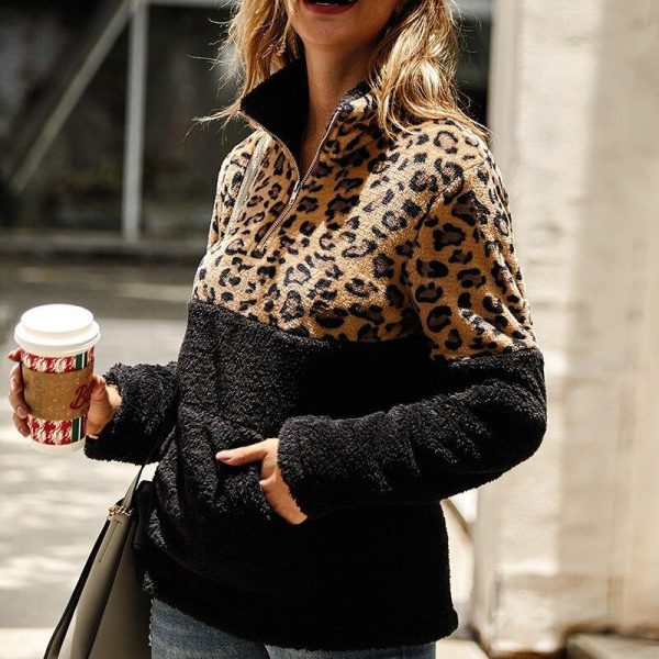 Leopard print zip women sweatsirts Autumn New fashion leopard patchwork plush hoodies Winter warm pullover stand collar top - Takalr