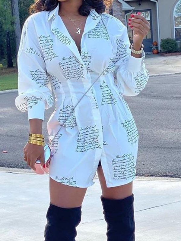 Letter Print Long Sleeve Shirt Dress Women Turn Down Collar Tight Waist Short Spring Dresses Casual White Buttoned Vestidos - Takalr