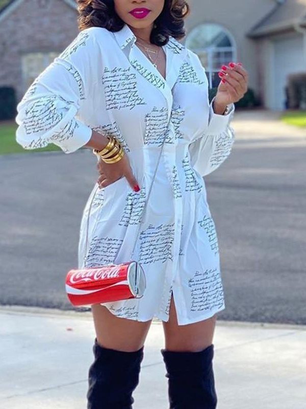 Letter Print Long Sleeve Shirt Dress Women Turn Down Collar Tight Waist Short Spring Dresses Casual White Buttoned Vestidos - Takalr