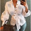 Letter Print Long Sleeve T Shirt Women Single Buttoned Design Lantern Sleeve V Neck Top Summer Sashes Wrap Shirt Blusa - Takalr