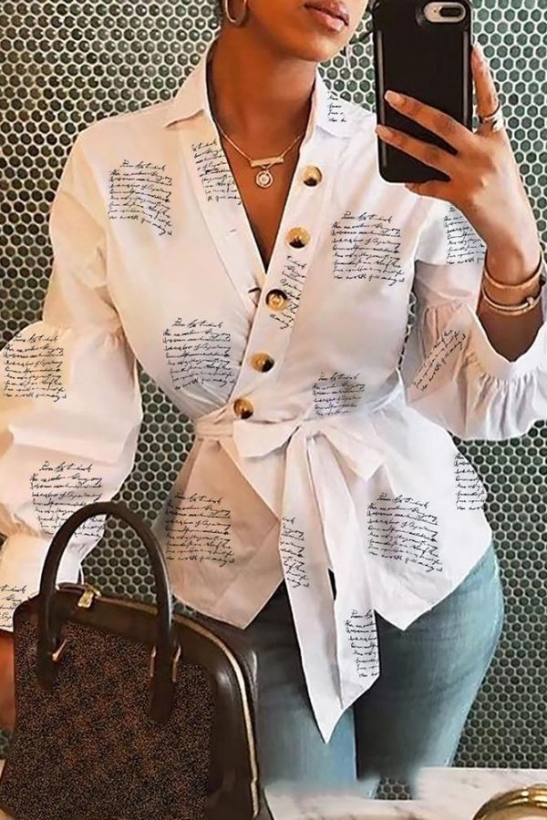 Letter Print Long Sleeve T Shirt Women Single Buttoned Design Lantern Sleeve V Neck Top Summer Sashes Wrap Shirt Blusa - Takalr