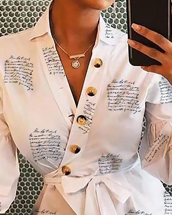 Letter Print Long Sleeve T Shirt Women Single Buttoned Design Lantern Sleeve V Neck Top Summer Sashes Wrap Shirt Blusa - Takalr