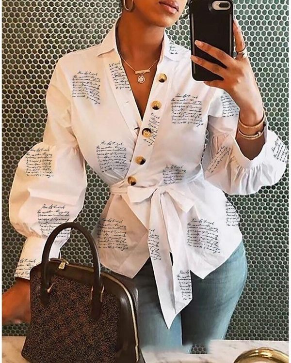 Letter Print Long Sleeve T Shirt Women Single Buttoned Design Lantern Sleeve V Neck Top Summer Sashes Wrap Shirt Blusa - Takalr