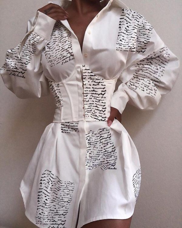 Letter Print Tied Waist Shirt Dress Women Long Sleeve Turn Down Collar Spring Dress Streetwear - Takalr