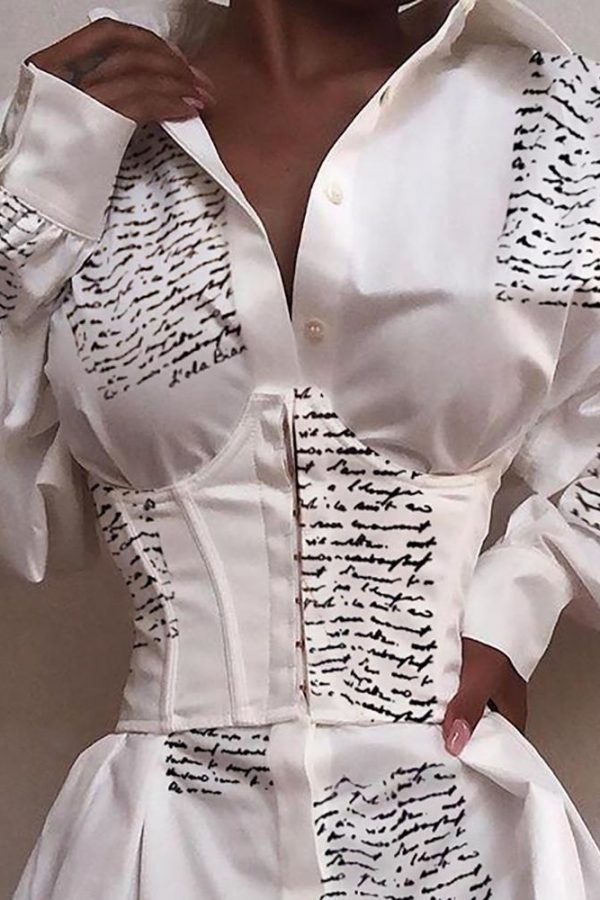 Letter Print Tied Waist Shirt Dress Women Long Sleeve Turn Down Collar Spring Dress Streetwear - Takalr