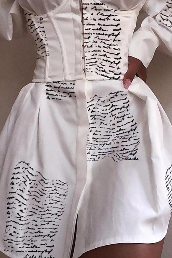 Letter Print Tied Waist Shirt Dress Women Long Sleeve Turn Down Collar Spring Dress Streetwear - Takalr