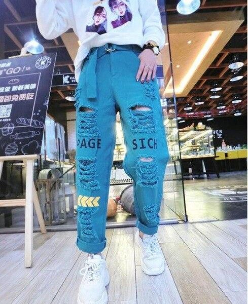 Letter Spliced Women Jeans Holes Pants Loose Candy Color Denim women's pants Autumn Harajuku BF Female Joggers - Takalr