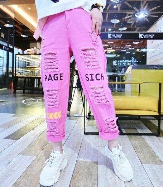 Letter Spliced Women Jeans Holes Pants Loose Candy Color Denim women's pants Autumn Harajuku BF Female Joggers - Takalr