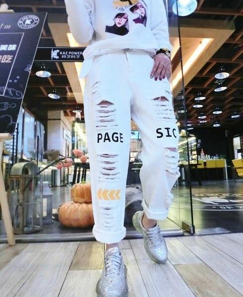 Letter Spliced Women Jeans Holes Pants Loose Candy Color Denim women's pants Autumn Harajuku BF Female Joggers - Takalr