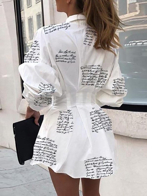 Letter print tight wasit shrt drss women Long sleeve turn down collar plunge dress Autumn streetwear mini dresses vestidos - Takalr