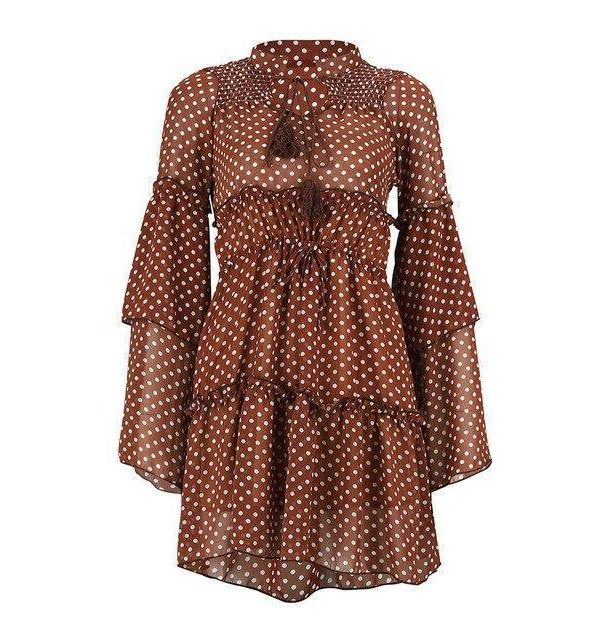 Long Sleeve Dress Sexy See Through Turtleneck Cascasing Ruffled Polka Dot Chiffon Flare Sleeve Women Dress Polka Dot Dress - Takalr