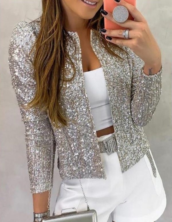 Long Sleeve Open Front Sequin Coat Women Slim Fit Sequined Jacket Spring Fashion Open Stitch Coats - Takalr