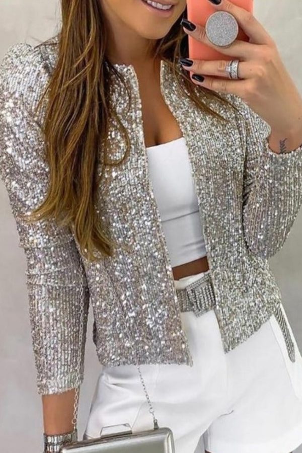 Long Sleeve Open Front Sequin Coat Women Slim Fit Sequined Jacket Spring Fashion Open Stitch Coats - Takalr