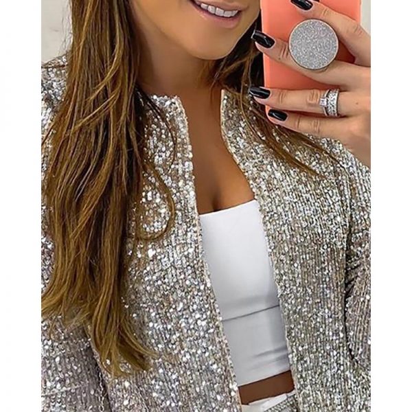 Long Sleeve Open Front Sequin Coat Women Slim Fit Sequined Jacket Spring Fashion Open Stitch Coats - Takalr