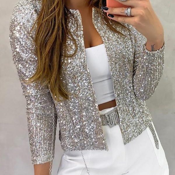 Long Sleeve Open Front Sequin Coat Women Slim Fit Sequined Jacket Spring Fashion Open Stitch Coats - Takalr