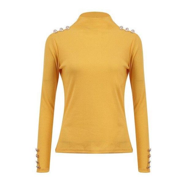 Long Sleeve Shirt Women SkinnyTurtleneck Tshirt Black Yellow Tops Button Shirts Bodycon Women Blouse Sexy Tops and Shirt - Takalr