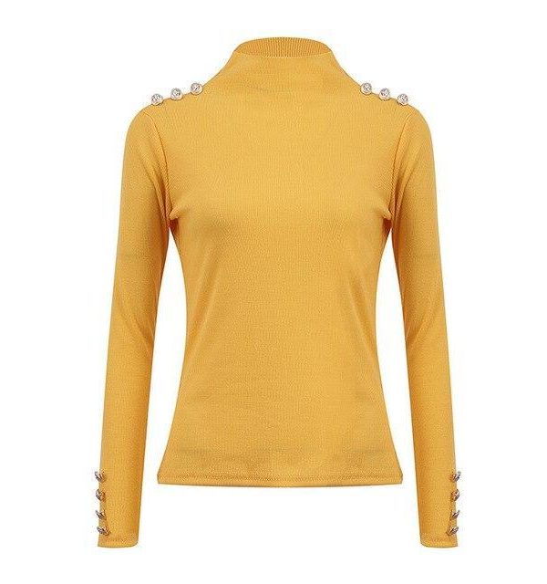 Long Sleeve Shirt Women SkinnyTurtleneck Tshirt Black Yellow Tops Button Shirts Bodycon Women Blouse Sexy Tops and Shirt - Takalr