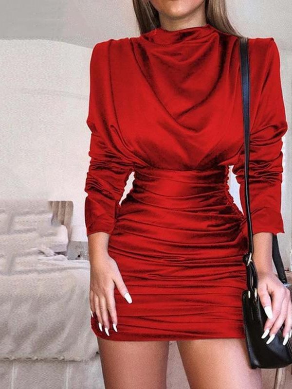 Long Sleeve Slit Back Ruched Party Dress Women Silky Clubnight Bodycon Dress Full Sleeve Pleated Dress Autumn Vestidos Mujer - Takalr