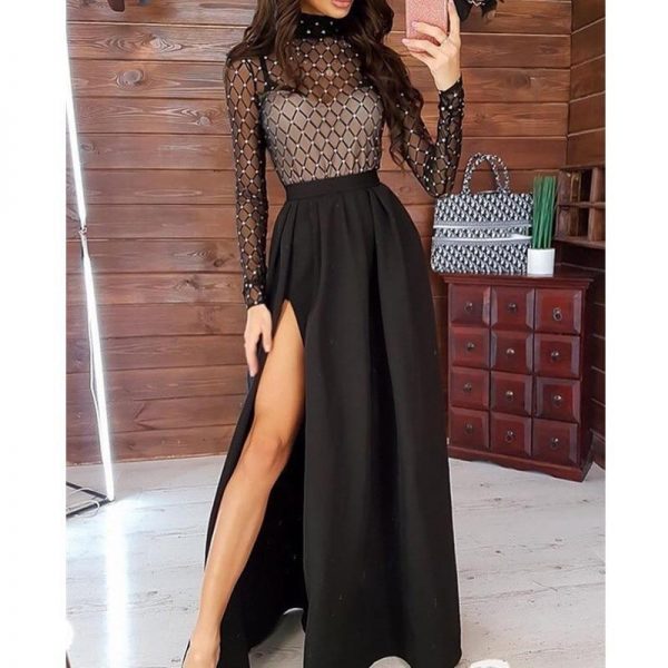 Long Sleeve Stamping Mock Neck Plaid Sheer Mesh Maxi Dress Women Insert High Slit Ruched Dress Evening Party Dress - Takalr