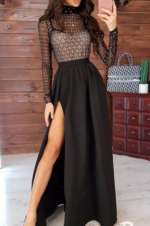 Long Sleeve Stamping Mock Neck Plaid Sheer Mesh Maxi Dress Women Insert High Slit Ruched Dress Evening Party Dress - Takalr