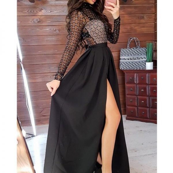 Long Sleeve Stamping Mock Neck Plaid Sheer Mesh Maxi Dress Women Insert High Slit Ruched Dress Evening Party Dress - Takalr