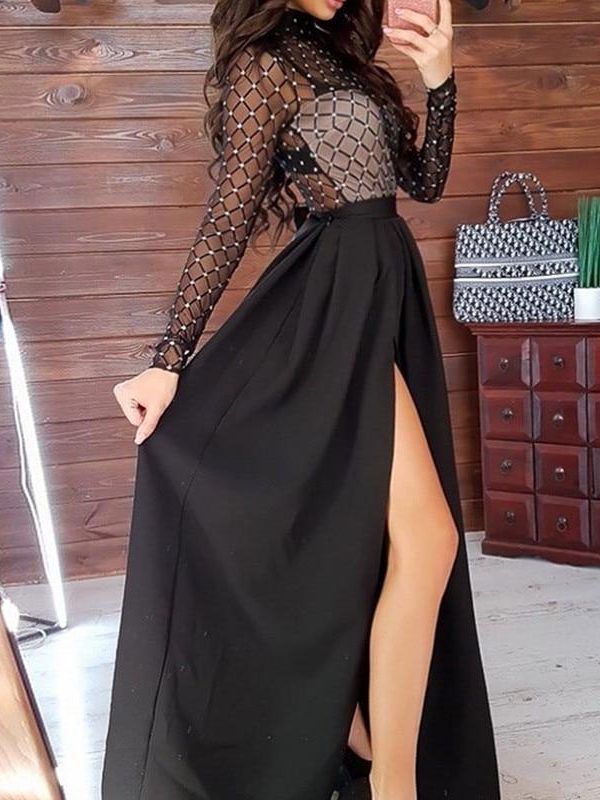 Long Sleeve Stamping Mock Neck Plaid Sheer Mesh Maxi Dress Women Insert High Slit Ruched Dress Evening Party Dress - Takalr