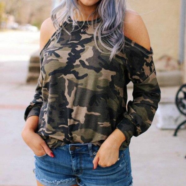 Long Sleeve Tops Fashion Casual  Women Tops and Shirts Long Sleeve O Neck Camouflage Off Shoulder Women Tshirt - Takalr